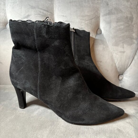 Santorini Suede Black Leather Heel Ankle Boot Size 10 1/2 M - Picture 2 of 10